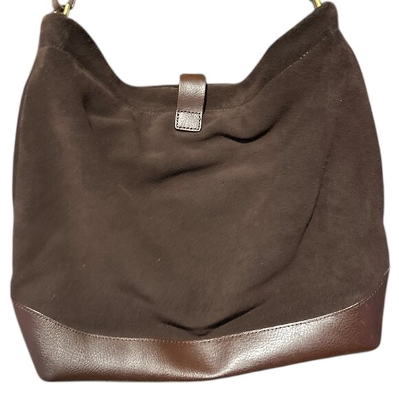 Land’s End Brown Suede Hobo Bag Leather Trim Gold Hardware Boho Slouchy Tote - Picture 3 of 8